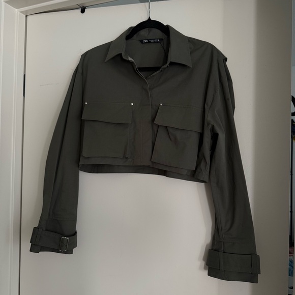 NWT ZARA KHAKI GREEN UTILITY STYLE CROPPED JACKET SHIRT - Picture 5 of 6